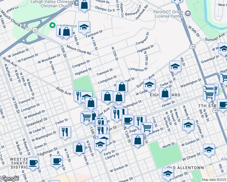 map of restaurants, bars, coffee shops, grocery stores, and more near 928 North 13th Street in Allentown