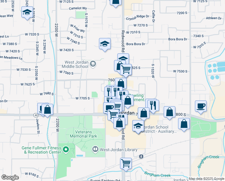 map of restaurants, bars, coffee shops, grocery stores, and more near 1805 West 7600 South in West Jordan