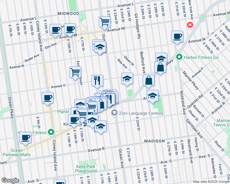 map of restaurants, bars, coffee shops, grocery stores, and more near 1656 East 21st Street in Brooklyn