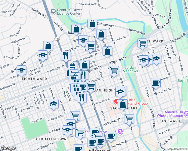 map of restaurants, bars, coffee shops, grocery stores, and more near 632 North 5th Street in Allentown