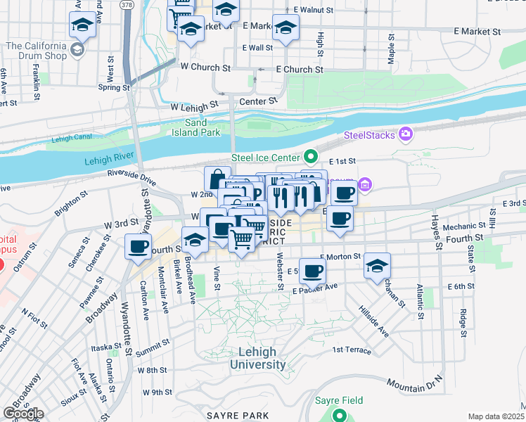 map of restaurants, bars, coffee shops, grocery stores, and more near 111 East 3rd Street in Bethlehem