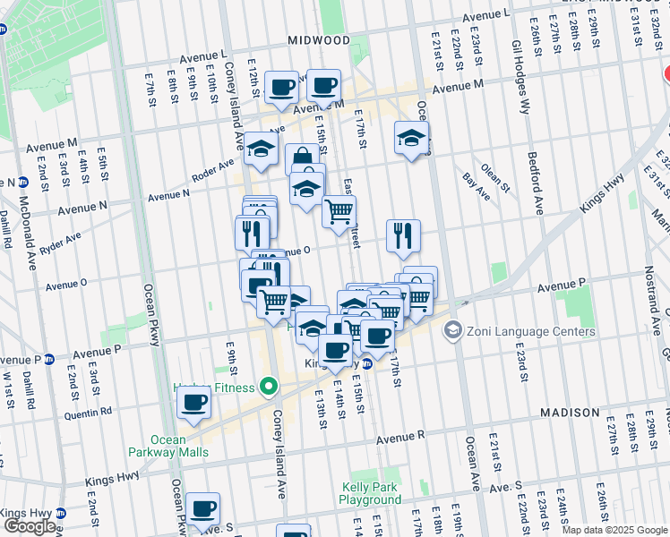 map of restaurants, bars, coffee shops, grocery stores, and more near 1517 East 15th Street in Brooklyn