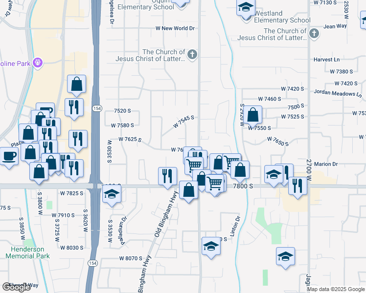 map of restaurants, bars, coffee shops, grocery stores, and more near 3263 West 7625 South in West Jordan