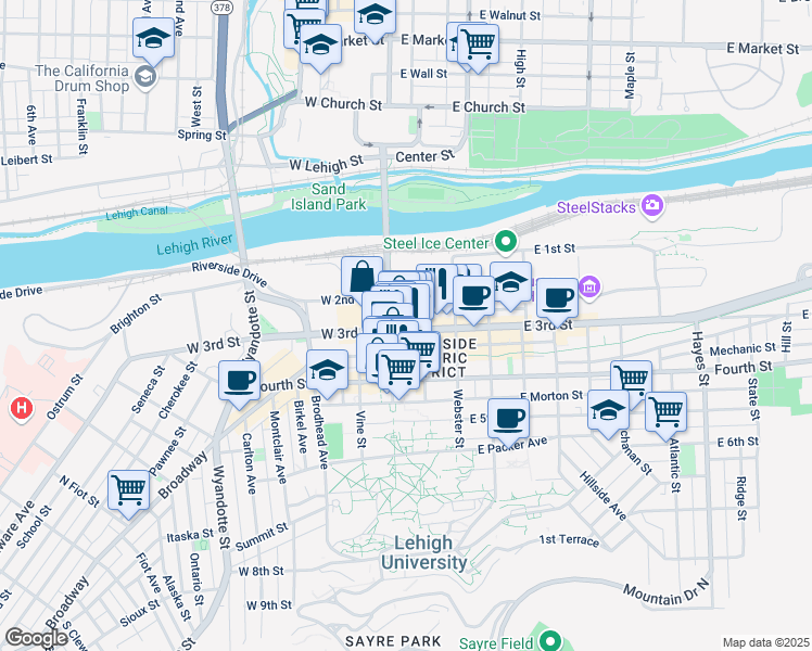 map of restaurants, bars, coffee shops, grocery stores, and more near 15 East 3rd Street in Bethlehem