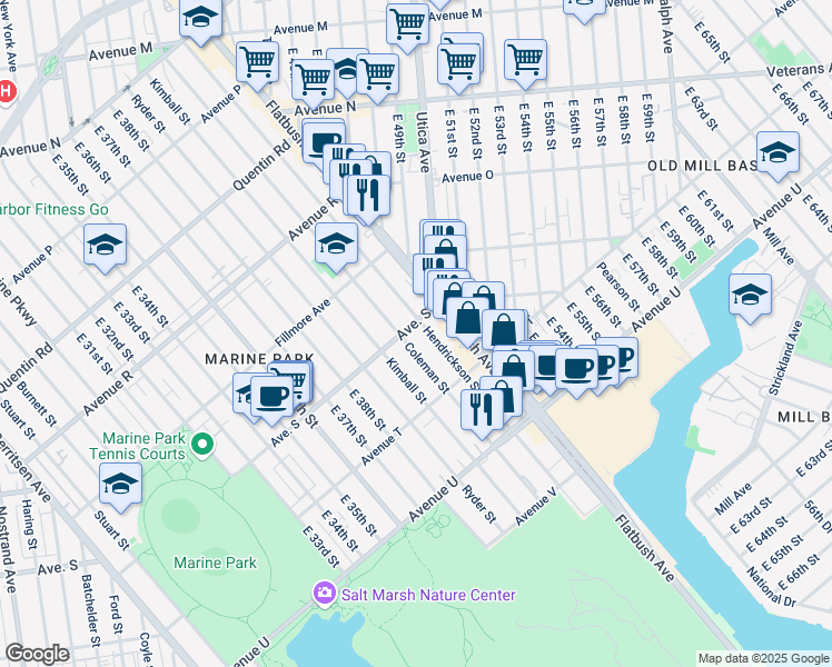 map of restaurants, bars, coffee shops, grocery stores, and more near 4115 Avenue S in Brooklyn