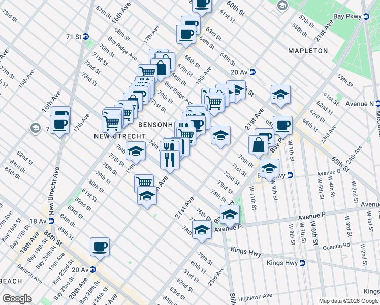 map of restaurants, bars, coffee shops, grocery stores, and more near 7210 20th Avenue in Brooklyn