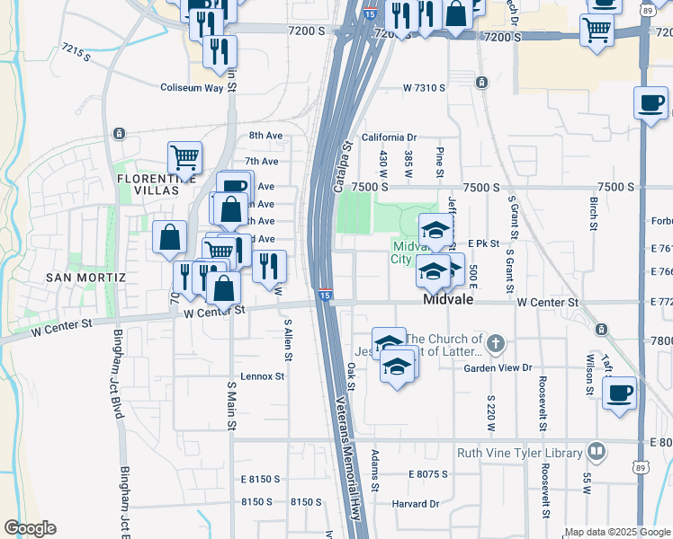 map of restaurants, bars, coffee shops, grocery stores, and more near 501 North Catalpa Road in Midvale