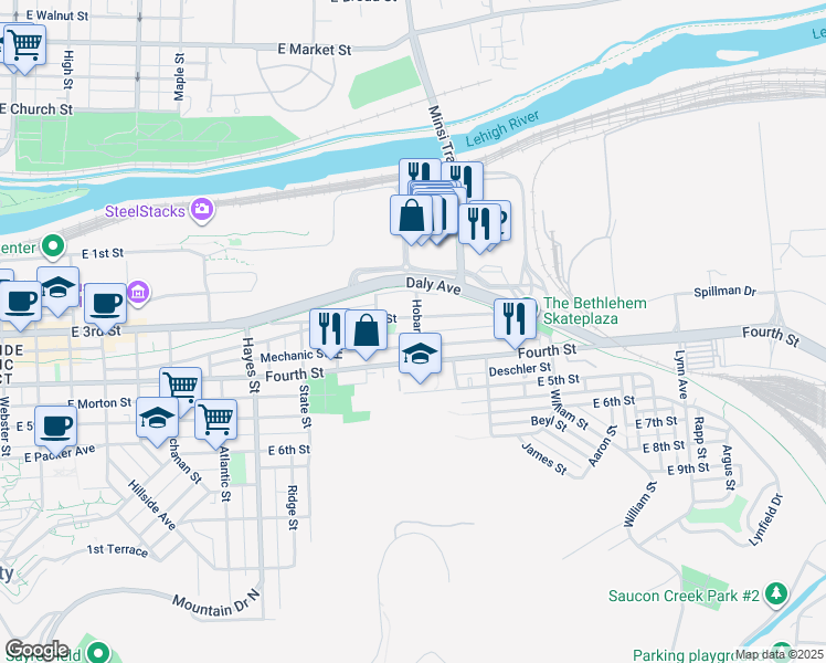 map of restaurants, bars, coffee shops, grocery stores, and more near 314 Hobart Street in Bethlehem