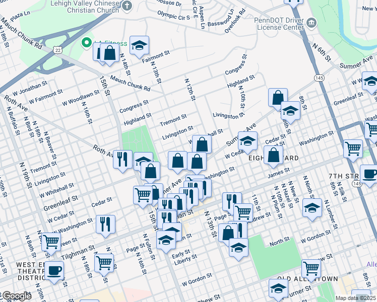 map of restaurants, bars, coffee shops, grocery stores, and more near 928 North 13th Street in Allentown