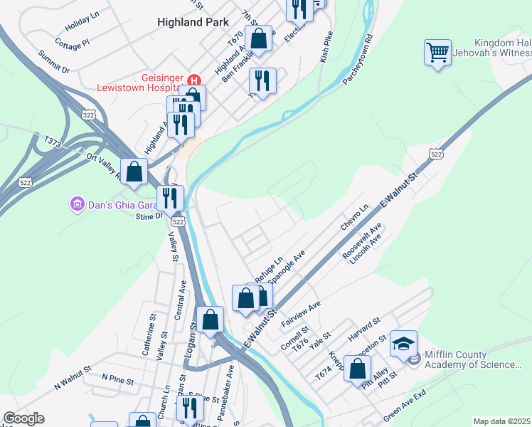 map of restaurants, bars, coffee shops, grocery stores, and more near 27 Oakland Avenue in Lewistown