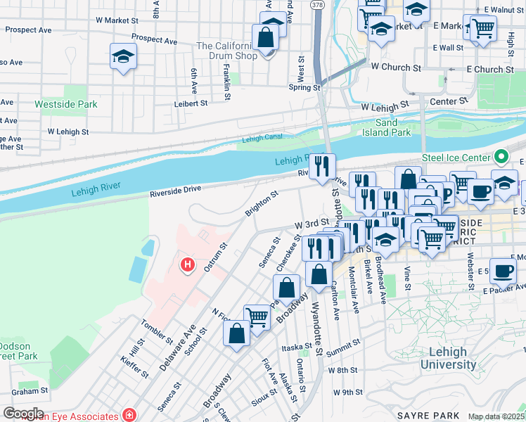 map of restaurants, bars, coffee shops, grocery stores, and more near 565 Brighton Street in Bethlehem