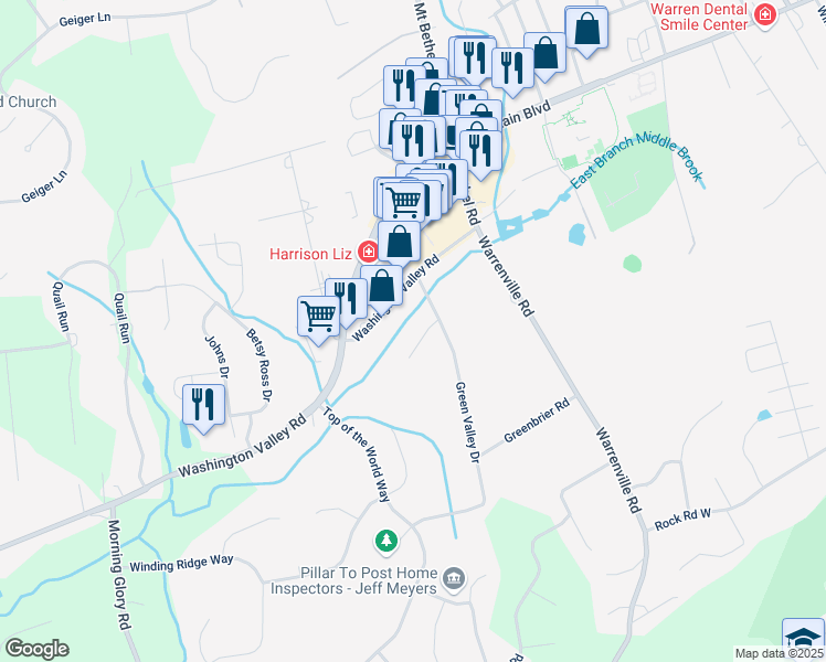 map of restaurants, bars, coffee shops, grocery stores, and more near 2 Middle Brook Road in Warren