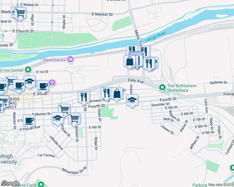 map of restaurants, bars, coffee shops, grocery stores, and more near 1127 Fortuna Street in Bethlehem