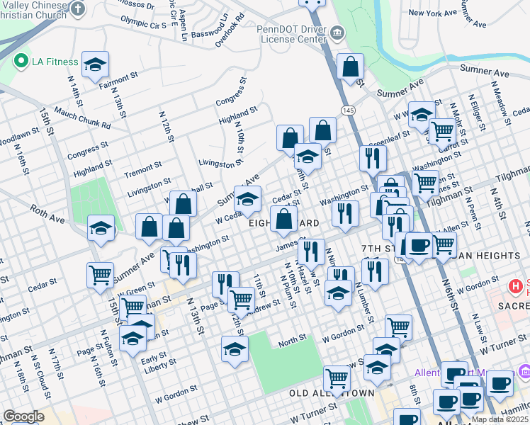 map of restaurants, bars, coffee shops, grocery stores, and more near 812 North 10th Street in Allentown