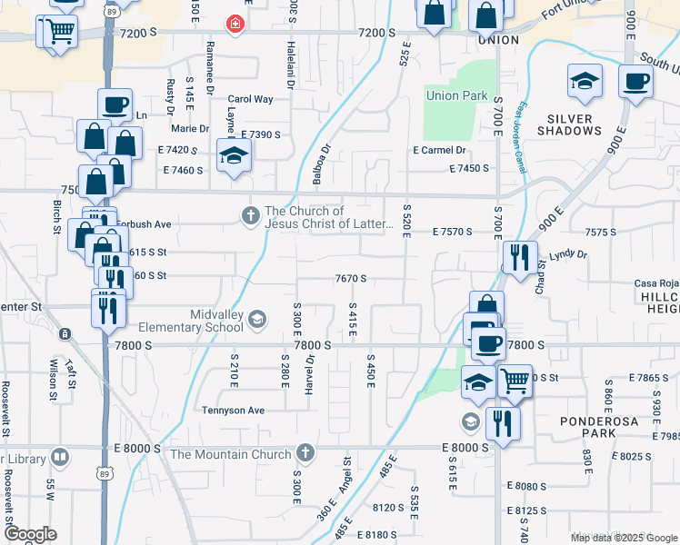 map of restaurants, bars, coffee shops, grocery stores, and more near 404 Sandy Park Circle in Midvale