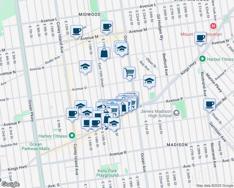 map of restaurants, bars, coffee shops, grocery stores, and more near 1545 East 18th Street in Brooklyn