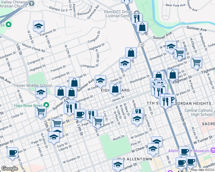 map of restaurants, bars, coffee shops, grocery stores, and more near 812 North 10th Street in Allentown