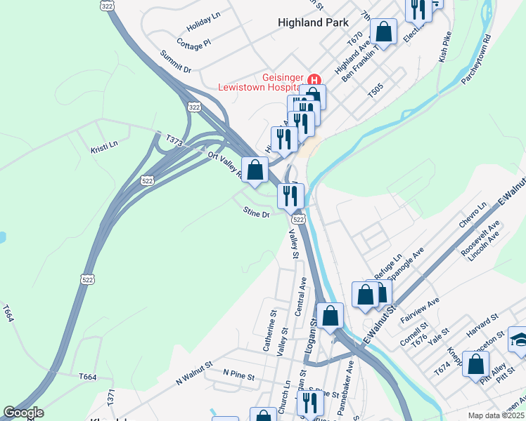 map of restaurants, bars, coffee shops, grocery stores, and more near 120 Stine Drive in Lewistown
