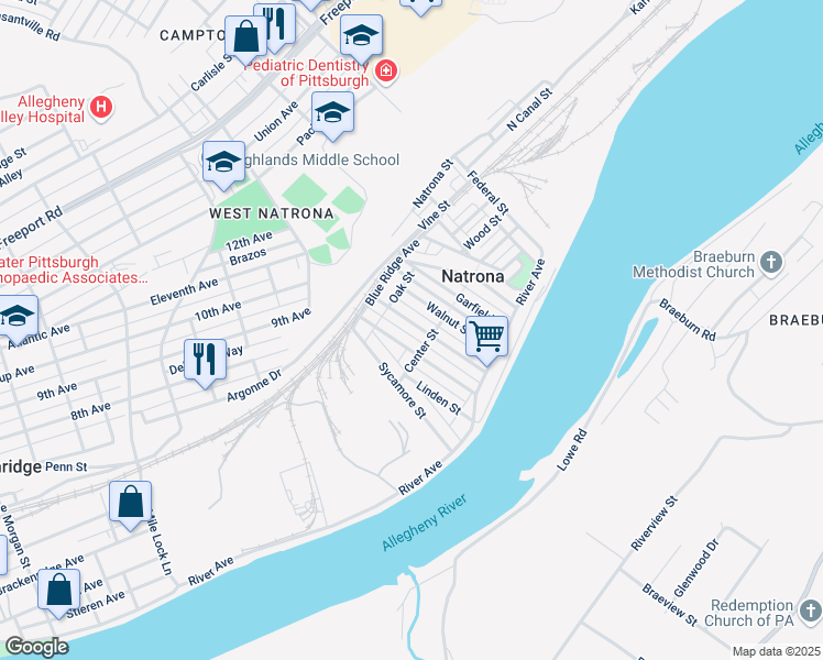 map of restaurants, bars, coffee shops, grocery stores, and more near 80 Spruce Street in Natrona Heights