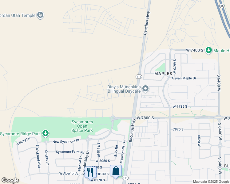 map of restaurants, bars, coffee shops, grocery stores, and more near South New Sycamore Drive in West Jordan