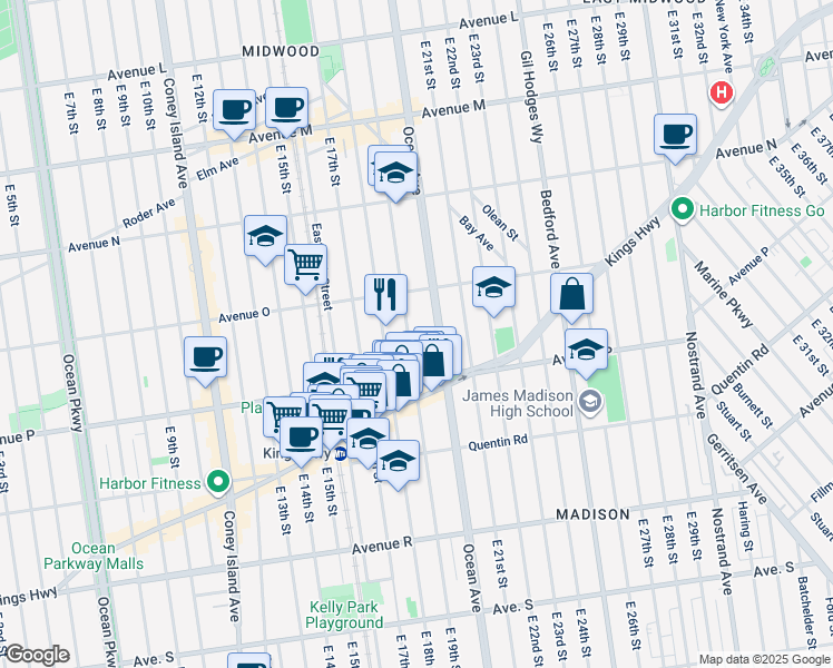 map of restaurants, bars, coffee shops, grocery stores, and more near 1555 East 19th Street in Brooklyn