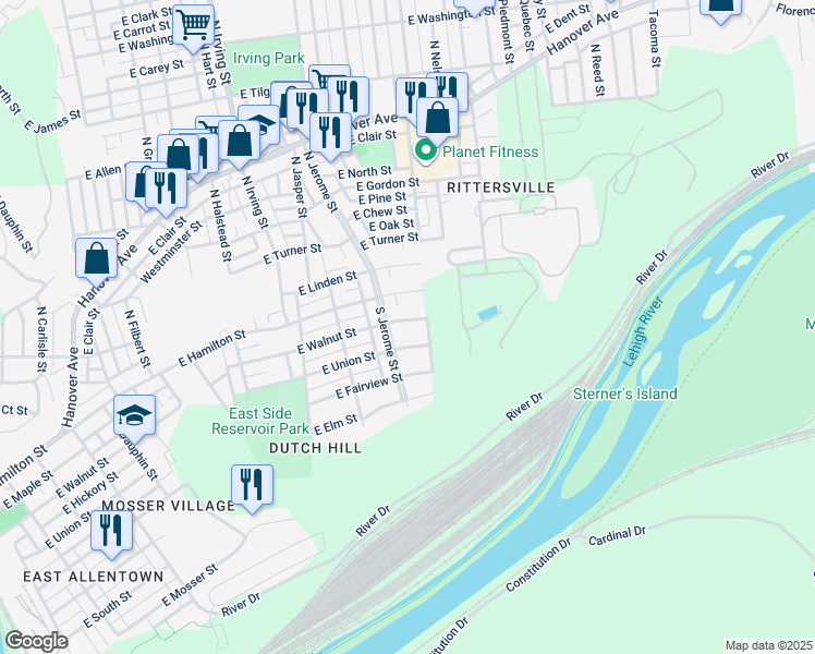 map of restaurants, bars, coffee shops, grocery stores, and more near 1014 East Walnut Street in Allentown