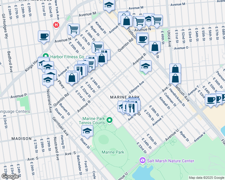 map of restaurants, bars, coffee shops, grocery stores, and more near 1814 East 36th Street in Brooklyn