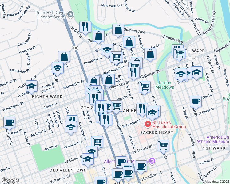 map of restaurants, bars, coffee shops, grocery stores, and more near 633 North Law Street in Allentown