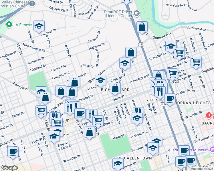 map of restaurants, bars, coffee shops, grocery stores, and more near 812 1/2 North 10th Street in Allentown