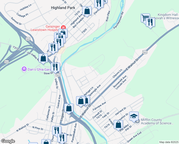 map of restaurants, bars, coffee shops, grocery stores, and more near 31 Oakland Avenue in Lewistown