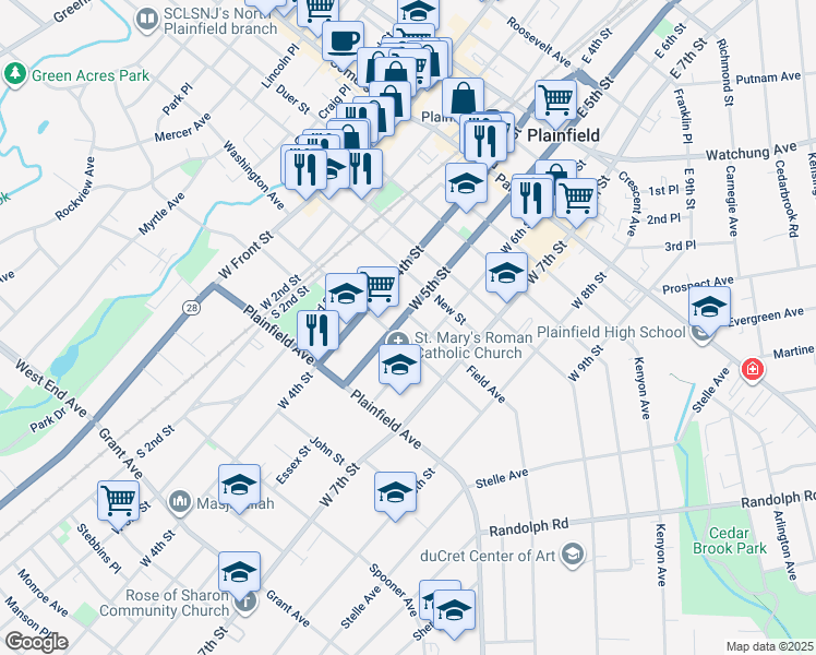 map of restaurants, bars, coffee shops, grocery stores, and more near 440 West 5th Street in Plainfield