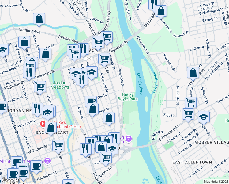 map of restaurants, bars, coffee shops, grocery stores, and more near 401 North Front Street in Allentown