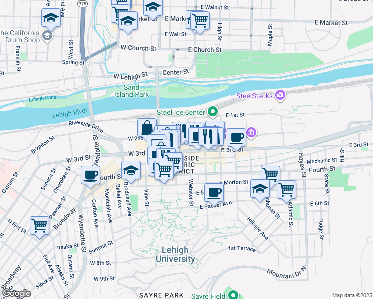 map of restaurants, bars, coffee shops, grocery stores, and more near 129 East 3rd Street in Bethlehem