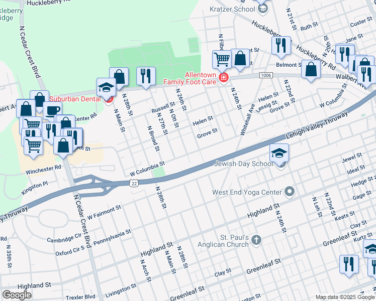 map of restaurants, bars, coffee shops, grocery stores, and more near 1417 North Ott Street in Allentown