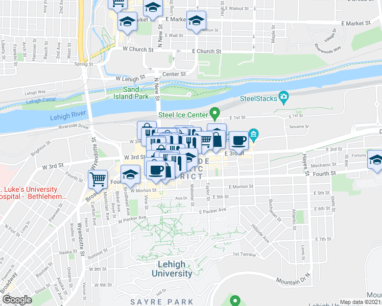 map of restaurants, bars, coffee shops, grocery stores, and more near 211 Webster Street in Bethlehem