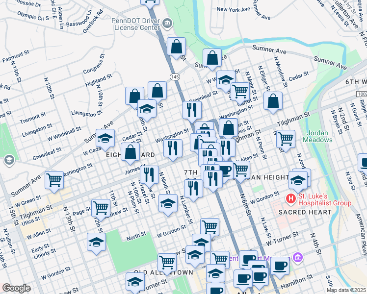 map of restaurants, bars, coffee shops, grocery stores, and more near 742 West Green Street in Allentown