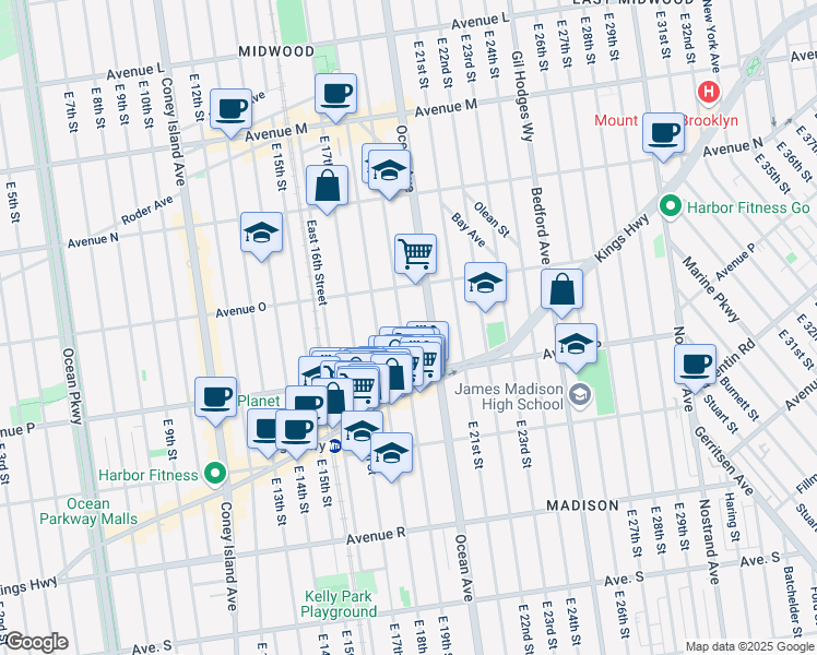 map of restaurants, bars, coffee shops, grocery stores, and more near 1555 East 19th Street in Brooklyn