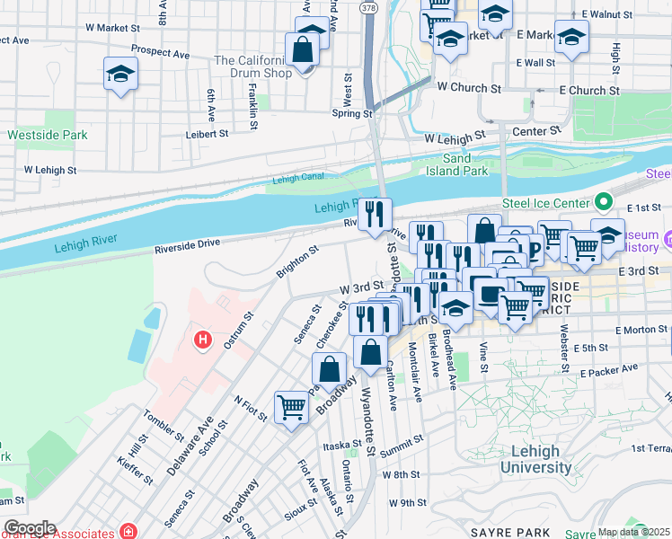 map of restaurants, bars, coffee shops, grocery stores, and more near 230 Cherokee Street in Bethlehem