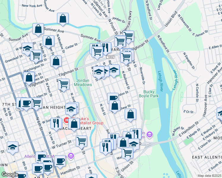 map of restaurants, bars, coffee shops, grocery stores, and more near 432 North Grant Street in Allentown