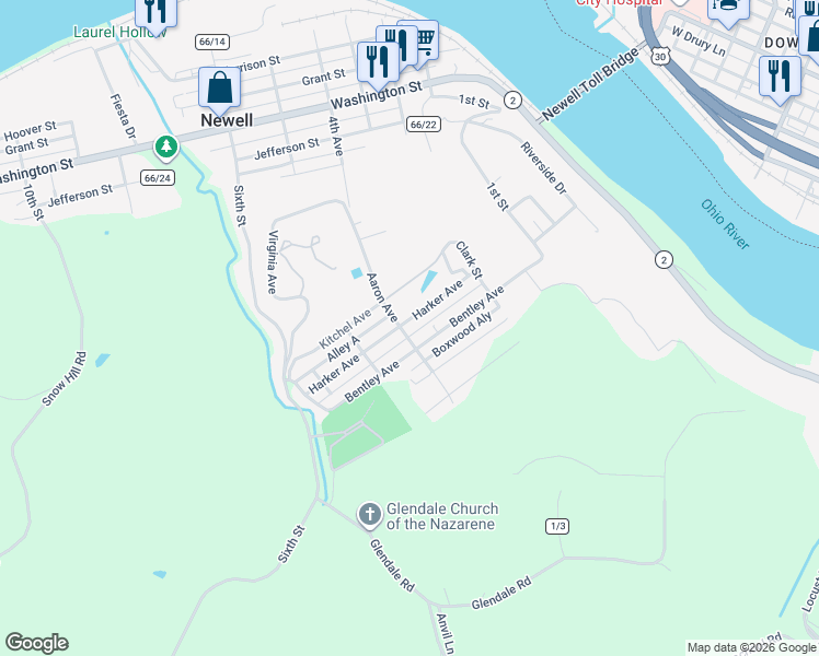 map of restaurants, bars, coffee shops, grocery stores, and more near 327 Harker Avenue in Newell