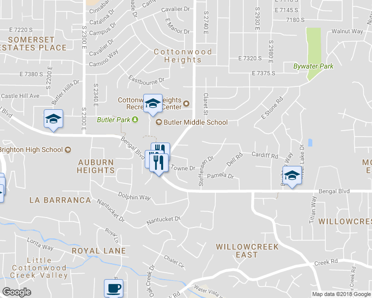 map of restaurants, bars, coffee shops, grocery stores, and more near 2658 Toni Circle in Cottonwood Heights