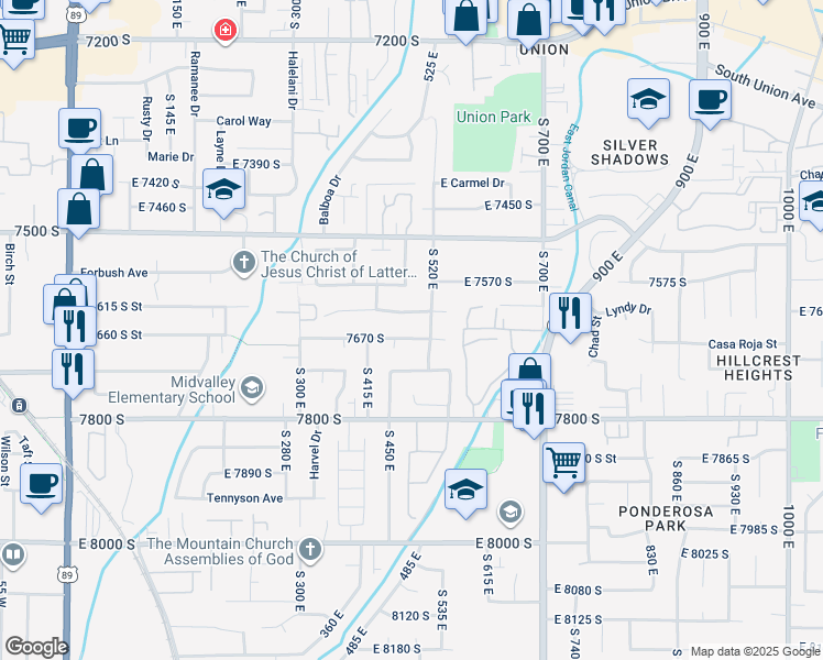 map of restaurants, bars, coffee shops, grocery stores, and more near 485 7670 south in Midvale