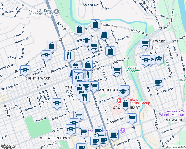 map of restaurants, bars, coffee shops, grocery stores, and more near 633 North Law Street in Allentown