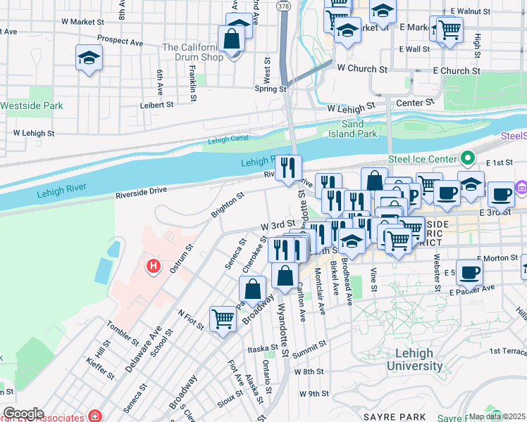 map of restaurants, bars, coffee shops, grocery stores, and more near 238 Cherokee Street in Bethlehem