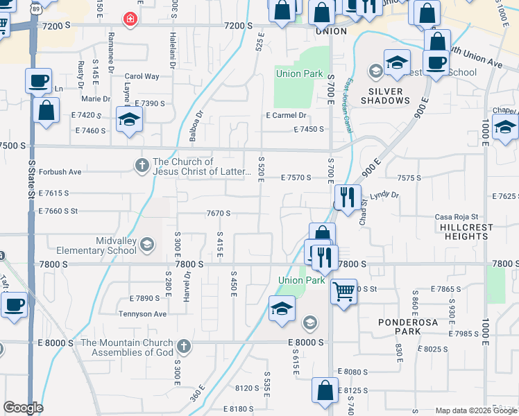 map of restaurants, bars, coffee shops, grocery stores, and more near 538 Woodpine Circle in Midvale