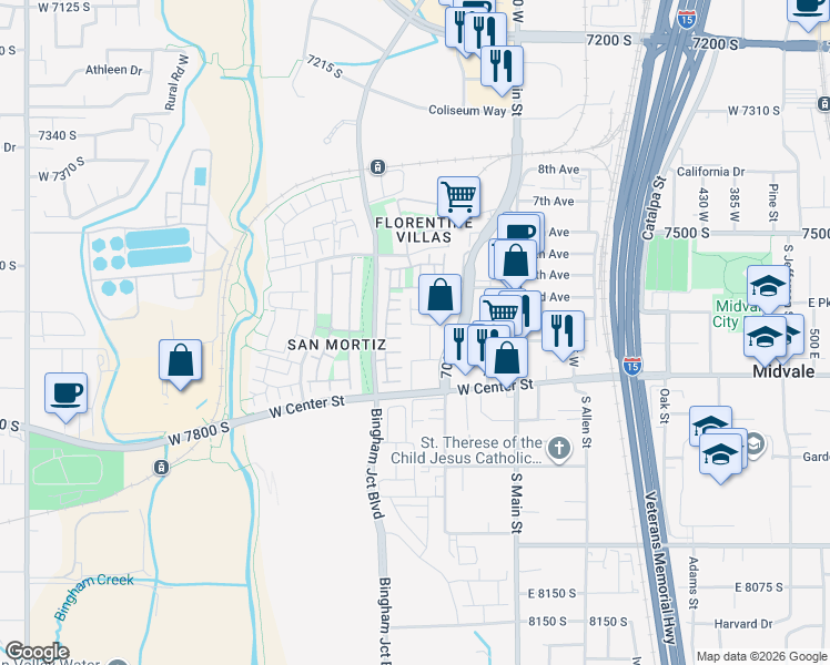 map of restaurants, bars, coffee shops, grocery stores, and more near 838 West Shelton Way in Midvale