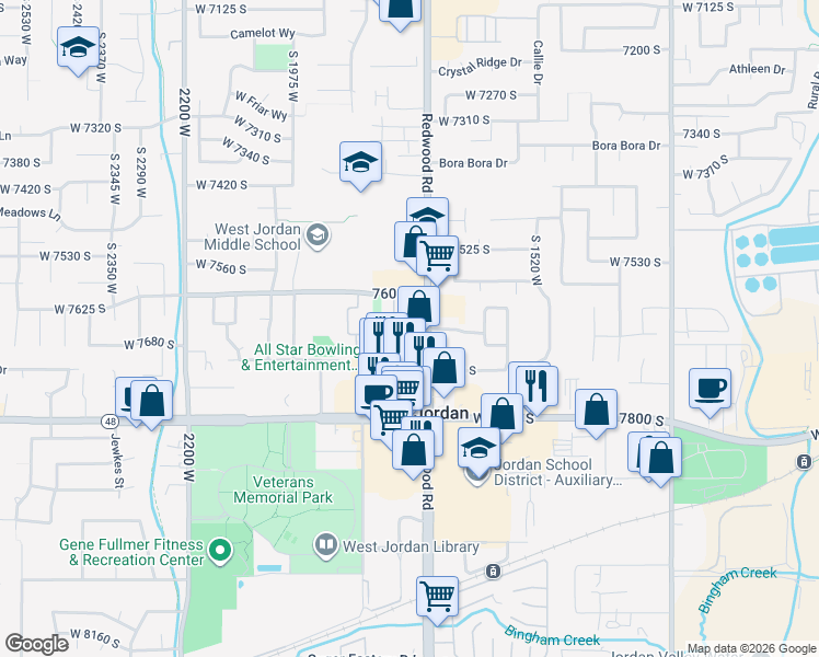 map of restaurants, bars, coffee shops, grocery stores, and more near 7628 South Redwood Road in West Jordan