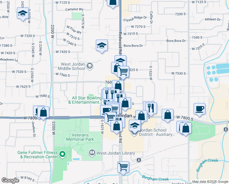 map of restaurants, bars, coffee shops, grocery stores, and more near 7628 South Redwood Road in West Jordan