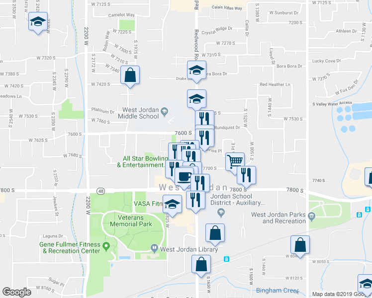map of restaurants, bars, coffee shops, grocery stores, and more near 7628 South Redwood Road in West Jordan