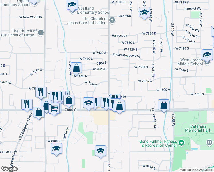 map of restaurants, bars, coffee shops, grocery stores, and more near 7655 William Circle in West Jordan